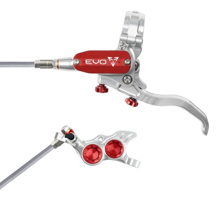 Silver and red Hope Tech 4 EVO TR4 hydraulic disc brake featuring a braided hose, adjustable lever, and dual piston caliper, designed for rear left-hand installation.