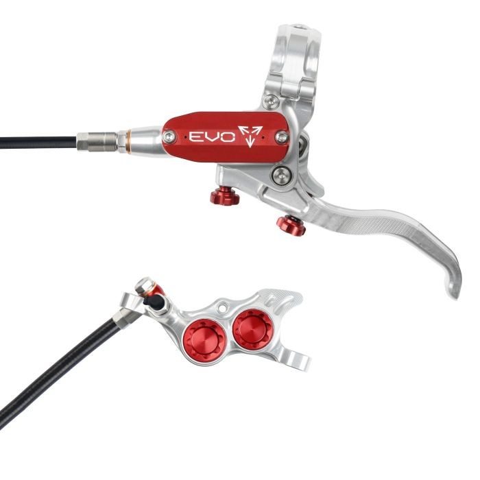 Hope Tech 4 EVO TR4 hydraulic disc brake in silver and red, featuring a sleek aluminum lever, adjustable reach, and a compact caliper with red accents for rear left hand use.
