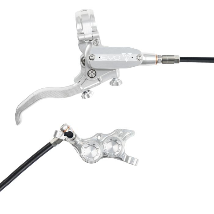 Silver hydraulic disc brake featuring a sleek lever, adjustable reach, and a compact caliper with dual pistons, designed for front right-hand installation.