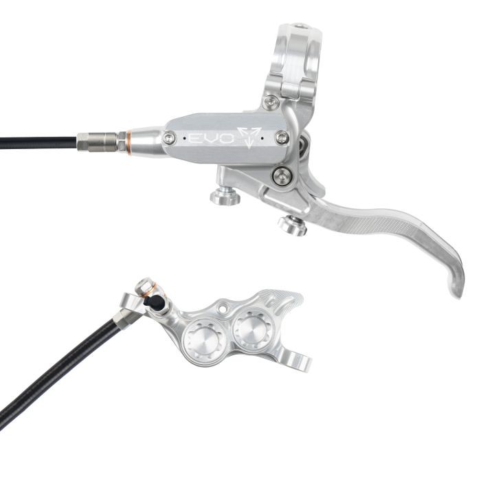 Silver hydraulic disc brake featuring a sleek design, adjustable lever, and dual piston caliper, with a braided hose for enhanced performance and durability.