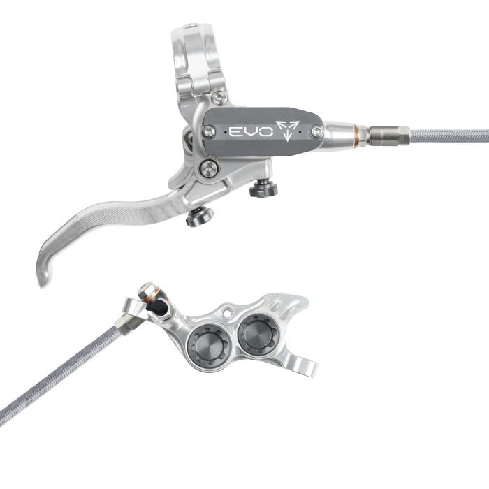 Silver hydraulic disc brake with a braided hose, featuring an ergonomic lever and dual piston caliper, designed for front right-hand use.