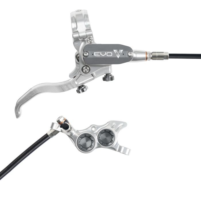 Silver and smoke hydraulic disc brake featuring a sleek lever design, adjustable reach, and a dual piston caliper, ideal for high-performance cycling.