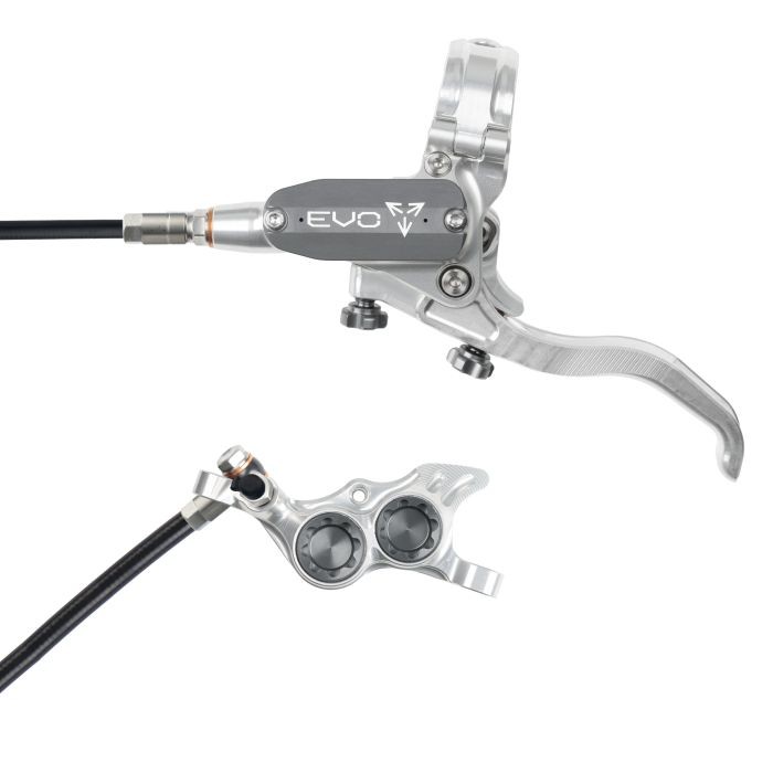 Silver and smoke hydraulic disc brake with a sleek lever design, featuring a polished finish, adjustable settings, and a braided hose for enhanced performance.