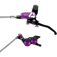 Purple and black Hope Tech 4 V4 brake set with braided hose, featuring sleek lever and dual-piston caliper design.