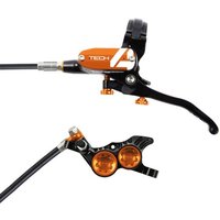 Orange and black Hope Tech 4 V4 brake set with hydraulic lever and dual piston caliper, no rotor included.