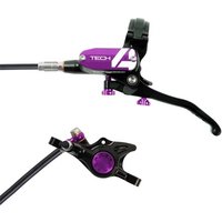 Purple and black Hope Tech 4 X2 hydraulic brake lever and caliper set with sleek design and mounting hardware.