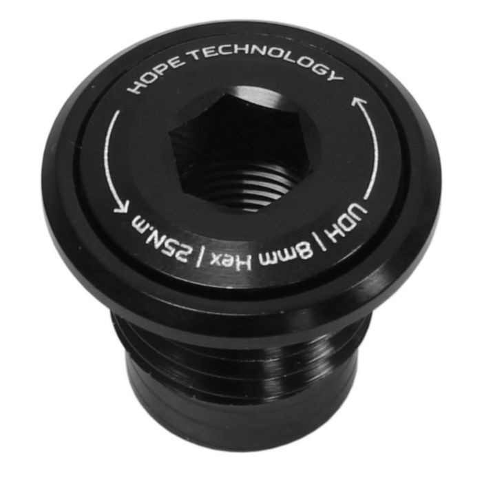 Black aluminum UDH mech hanger bolt with a hexagonal socket, featuring engraved markings for orientation and specifications, designed for durability and precise fit.