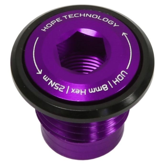 Purple aluminum UDH mech hanger bolt with a hexagonal socket, featuring black accents and engraved text indicating size and brand.