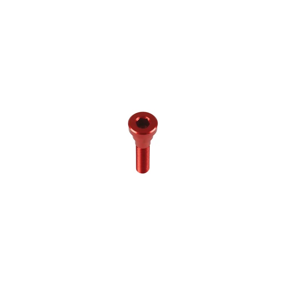 Red aluminum top cap bolt by Hope, featuring a smooth, rounded head and threaded shaft, designed for bicycle components.