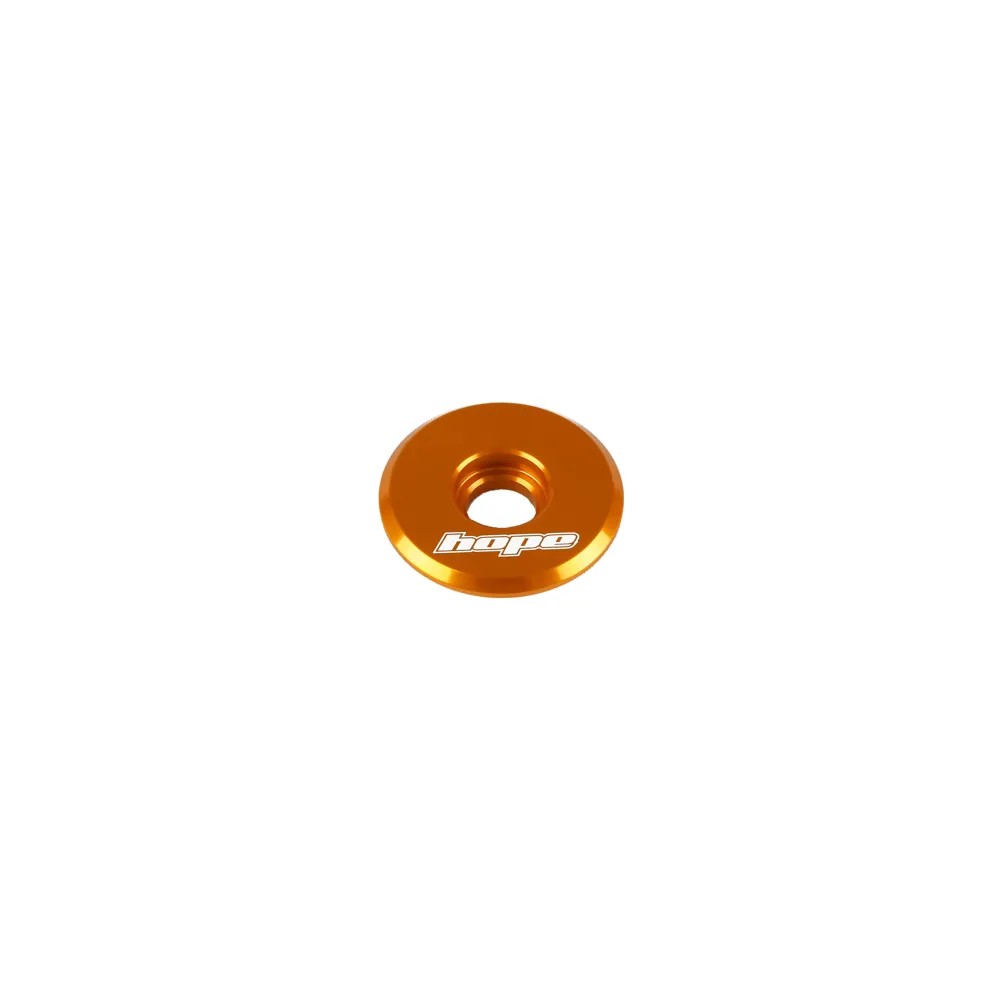 Round orange aluminum top cap with a central hole, featuring the embossed white logo "hope" on its surface.