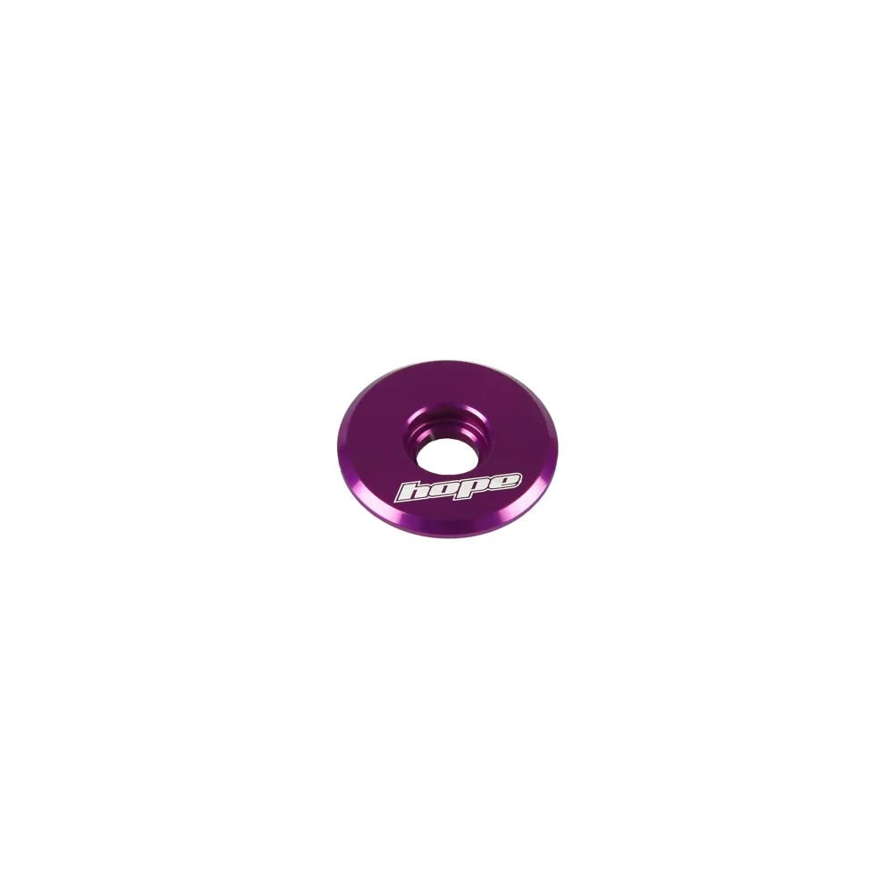Purple aluminum top cap with a central hole and a white "hope" logo, designed for bicycle components.