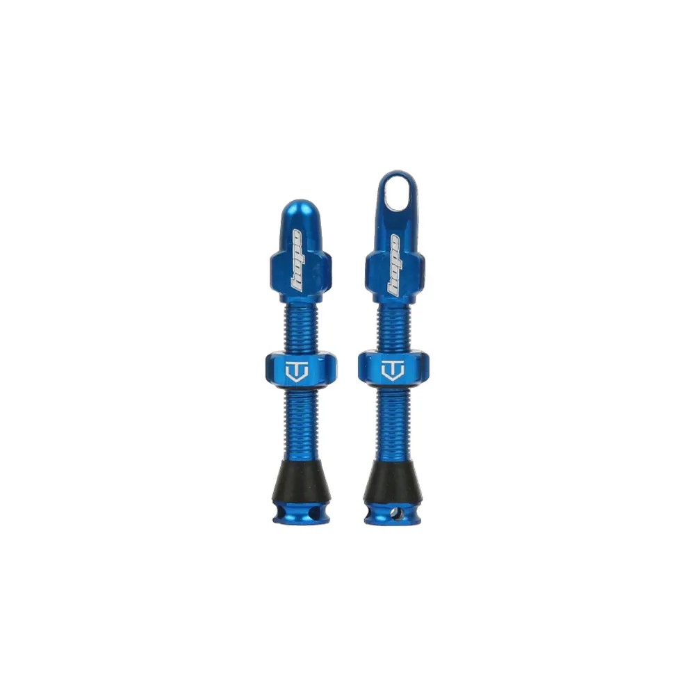 Two blue aluminum tubeless valves with a sleek design, featuring a black rubber base and a prominent logo, designed for 60mm rims.
