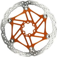 Orange and silver Hope V4 vented floating rotor, 220mm, with perforated edges and intricate spoke design.