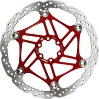 Red and silver Hope V4 vented floating rotor, 220mm, with intricate cutouts and circular perforations.