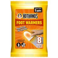 Yellow HotHands Foot/Toe Warmers pack with 5 pairs, showing a hand applying a warmer, promises up to 8 hours of heat.