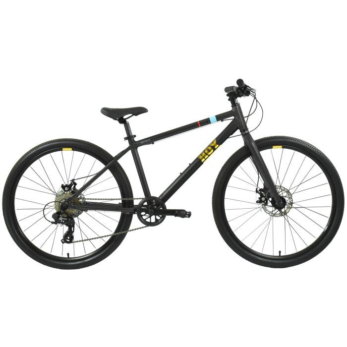 Black HOY Pentland 26" kids bike featuring a lightweight frame, disc brakes, knobby tires, and colorful accents on the frame for added style and visibility.