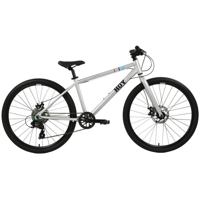 Silver HOY Hoy Pentland 26 kids bike featuring a lightweight frame, black tires, a single gear system, and colorful accents on the frame.