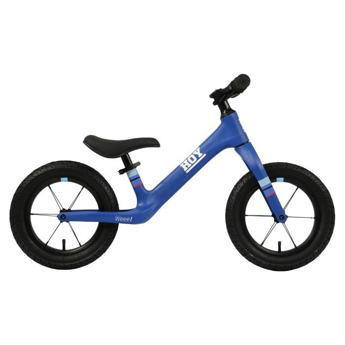Blue HOY Weee! 12 balance bike featuring a lightweight frame, black rubber tires, a comfortable seat, and an adjustable handlebar for young riders.