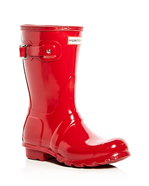 Glossy military red rubber mid-calf rain boot featuring a buckle detail and textured sole, designed for women by Hunter.
