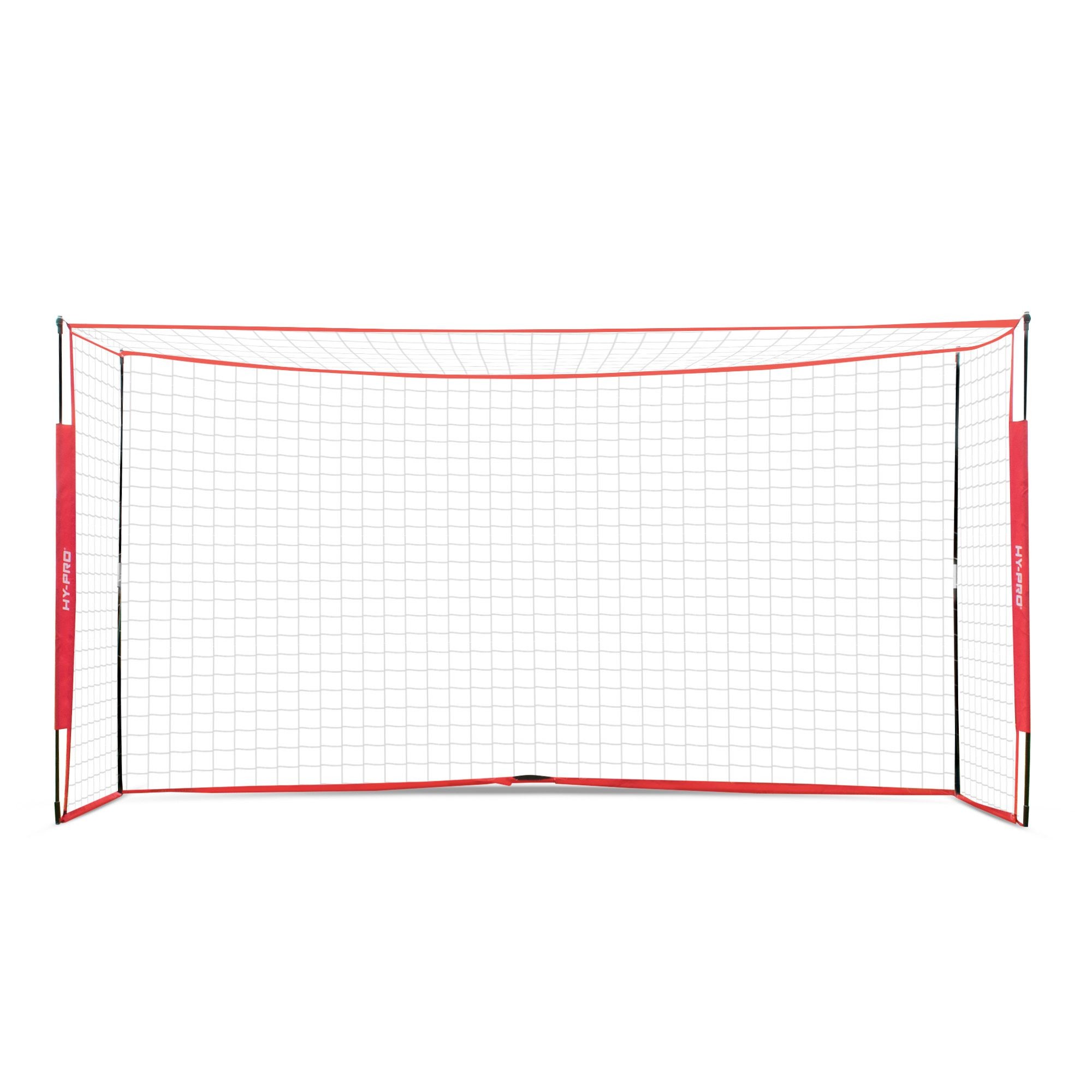Portable 12ft x 6ft soccer goal with a black and red frame, featuring a durable netting and bright red side panels for easy visibility and setup.