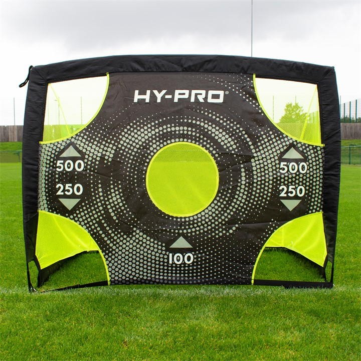 Red and black 4ft x 3ft pop-up flexi goal featuring a target design with numbered scoring zones, made from durable fabric, set against a grassy background.