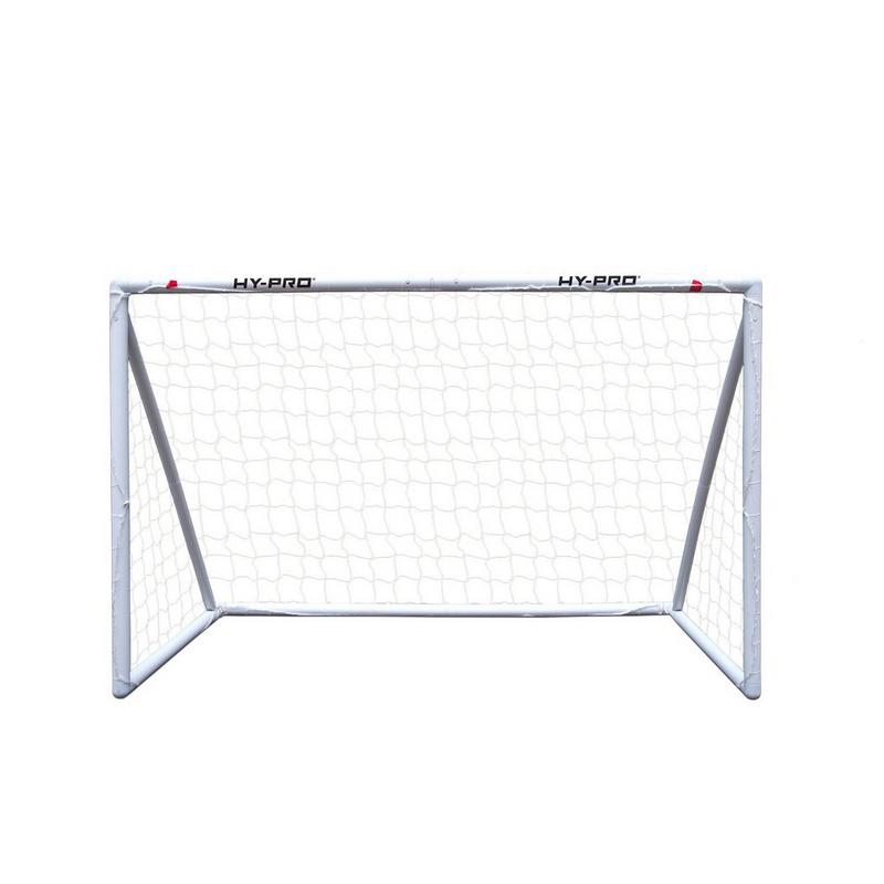 White 6ft x 4ft UPVC goal with a sturdy frame, featuring a net and red corner markers, designed for outdoor use and suitable for various sports activities.