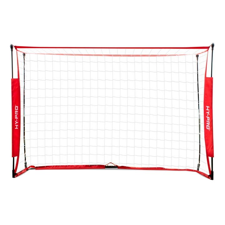 Portable 8ft x 5ft soccer goal with a red frame, black support poles, and a white net, featuring red padded side panels with "HY-PRO" branding.