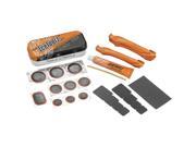 Orange and black IceToolz Tire Puncture Repair Kit - 65A1, featuring rubber patches, tire levers, and a metal storage tin, arranged neatly for easy access.