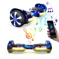 Blue iHoverboard H2 Bluetooth hoverboard with LED lights, musical notes, and smartphone connectivity.