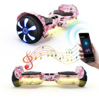 Pink iHoverboard H2 Bluetooth hoverboard with 6.5" wheels, LED lights, floral pattern, and smartphone connectivity.