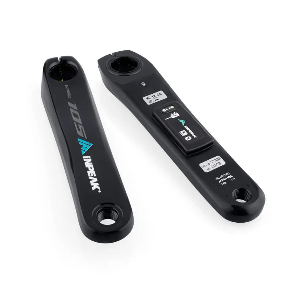 Black power meter crank arms with "INPEAK" and "105" branding, featuring a sleek design and a digital display for performance tracking.