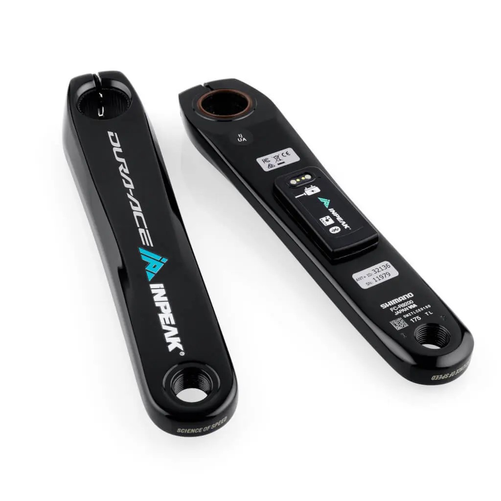 Black INPEAK Powercrank-E Dura-Ace FC-R9200 power meter crank arms featuring a sleek design, with visible branding and a digital display for performance metrics.