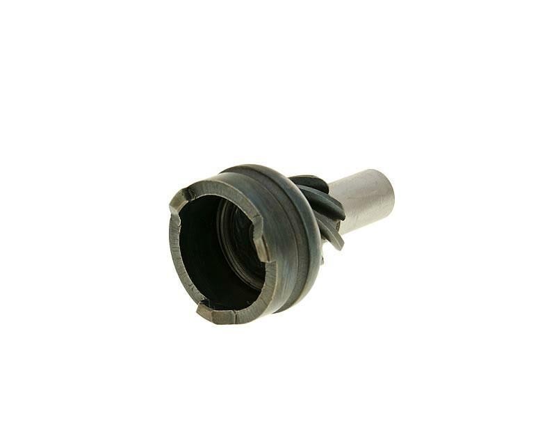 Grey pinion gear with a cylindrical shaft and a notched outer edge, designed for Peugeot Buxy 50 models from 1994-1997, featuring durable metal construction.