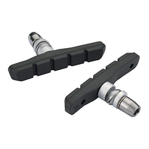 Black rubber V-brake pads with a textured surface and silver metal hardware, designed for hybrid, comfort, and mountain bikes, featuring a pair configuration.