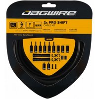 Jagwire Pro Shift Kit 2x - Stealth, black cables with yellow packaging, includes various connectors and ferrules.