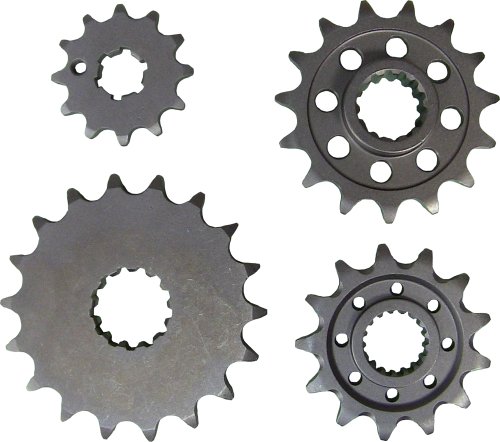 Steel countershaft sprockets by JT, featuring a metallic gray finish, with four distinct sprocket sizes, each showcasing sharp teeth and hole patterns for secure attachment.