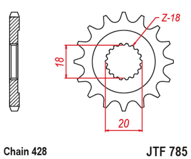 Steel front sprocket with 12 teeth, featuring a circular design and sharp, pointed edges, labeled with dimensions 18mm and 20mm, suitable for 428 chain compatibility.