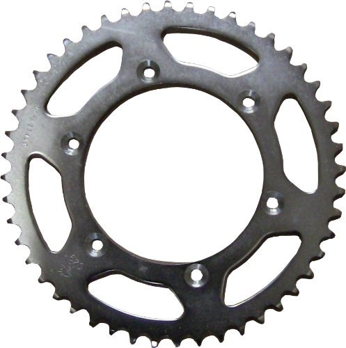 Steel rear sprocket with a 49-tooth design, featuring a carbon finish, multiple cutouts for weight reduction, and five mounting holes for attachment.