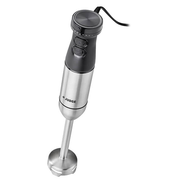 Silver stick blender with a black handle, featuring two control buttons and a stainless steel blending shaft, designed for easy blending and mixing tasks in the kitchen.