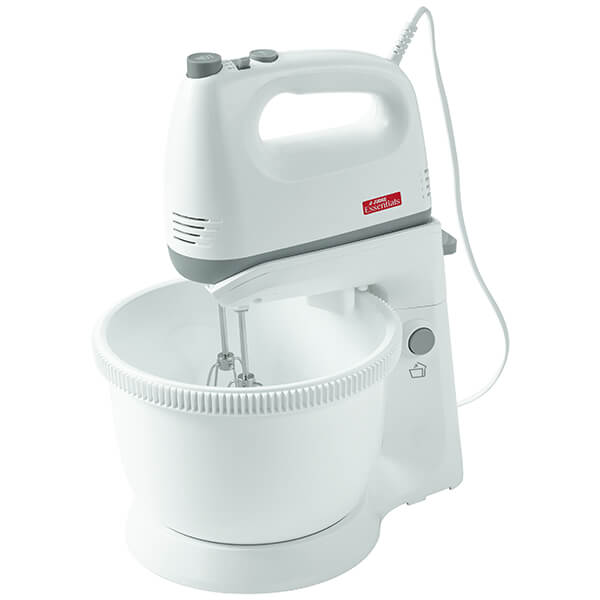 Silver stand mixer by Judge Essentials, featuring a white mixing bowl, ergonomic handle, and two metal beaters, designed for efficient food preparation.