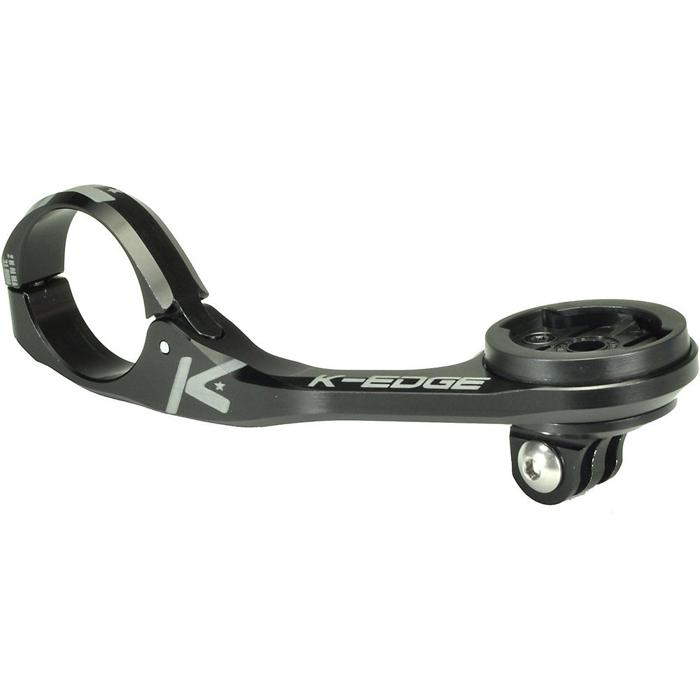 Black aluminum K-Edge Max Combo handlebar mount features a sleek design with a circular computer holder and adjustable arm for optimal positioning.