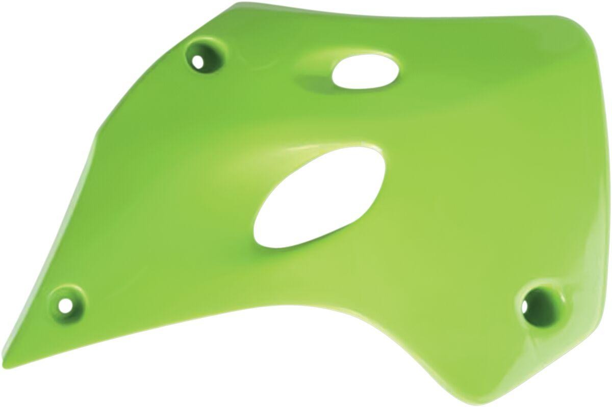 Bright green plastic radiator scoop for Kawasaki KX 80 (1991-97), featuring a distinctive shape with a central cutout and multiple mounting holes.