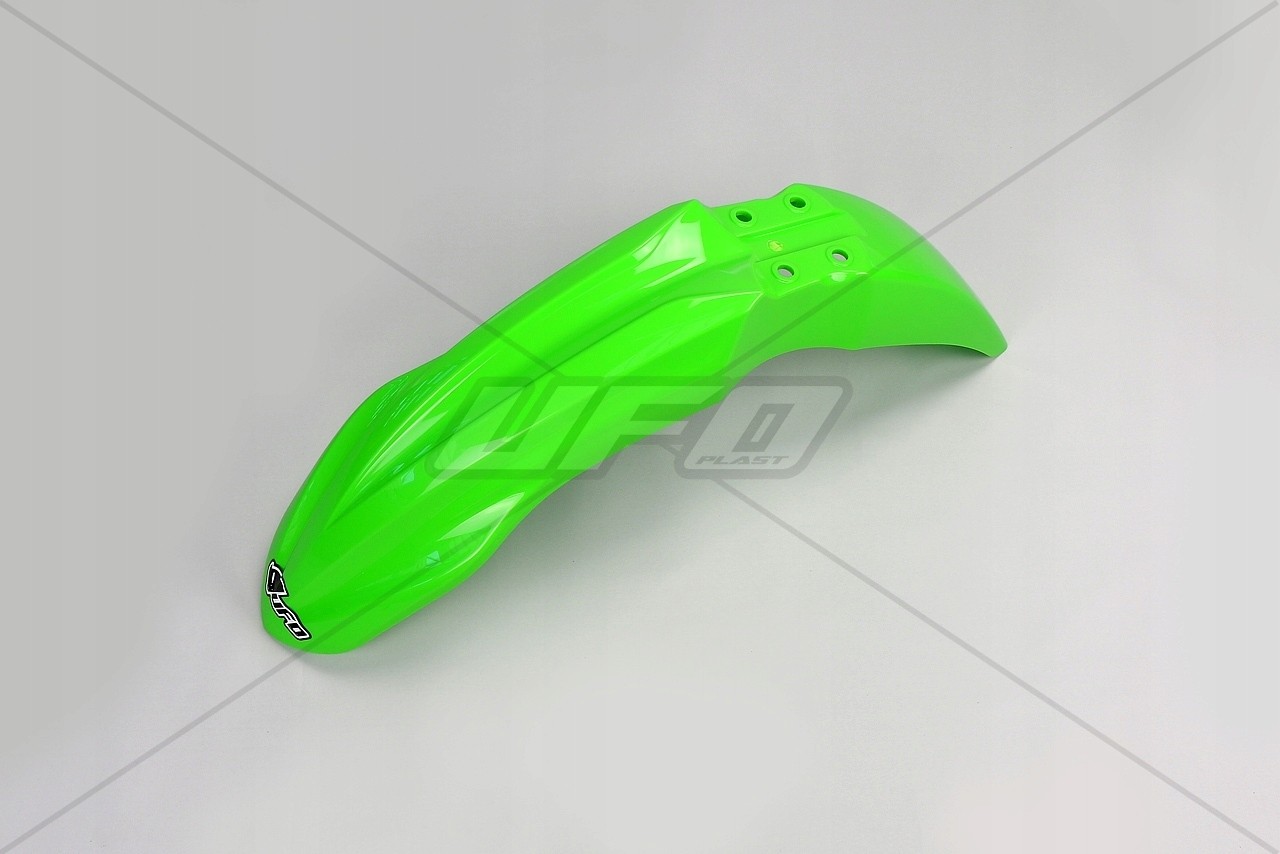 Bright KX Green plastic front fender for Kawasaki KXF250 (2013-2016), featuring a sleek design and multiple mounting holes for easy installation.