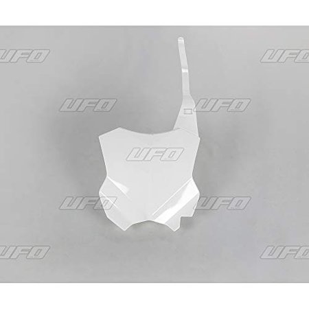 White UFO front number board designed for Kawasaki KX250 models from 2021 to 2024, featuring a sleek, angular shape and glossy finish.
