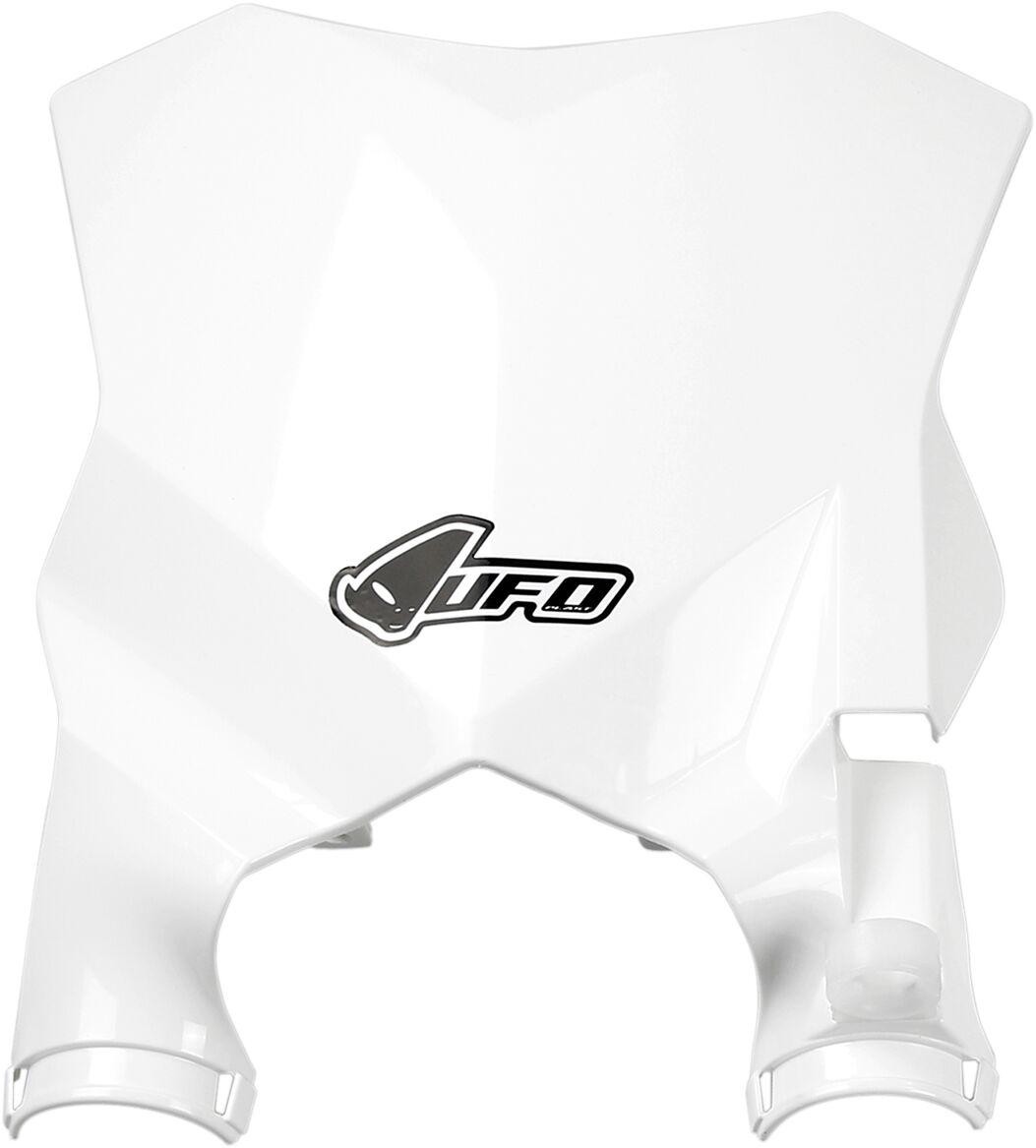 White UFO stadium front number board with fork guards, designed for Kawasaki KX250 (2021-2024), featuring a sleek design and prominent UFO logo.