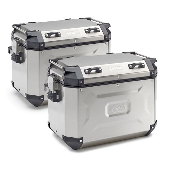 Silver Kappa K'FORCE MONOKEY motorcycle side cases, 48 litres each, featuring a sturdy metal construction, black accents, and secure locking mechanisms.