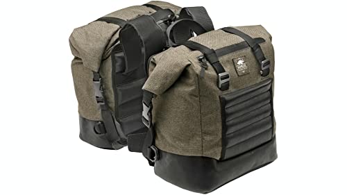 Olive green Kappa Rambler motorcycle saddle bags with a textured fabric finish, black leather base, adjustable straps, and a roll-top closure for secure storage.