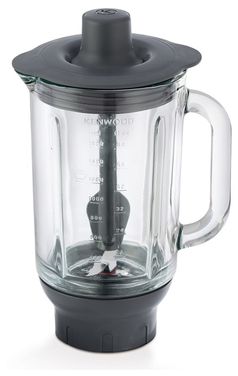 1.6L glass blender attachment in grey for Kenwood Chef, featuring a sturdy handle, measurement markings, and a black lid with a central opening for easy pouring.