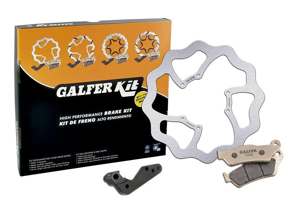 Galfer Oversize Front Brake Kit for KTM SXF250 (2006-2023) featuring a silver brake rotor, black brake pads, and a black mounting bracket in a colorful branded box.