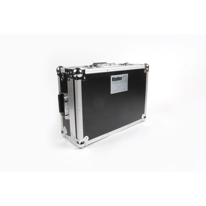 Kielder Tool Flight Case System in black aluminum with silver accents, featuring reinforced corners, a sturdy handle, and a label on the front for identification.